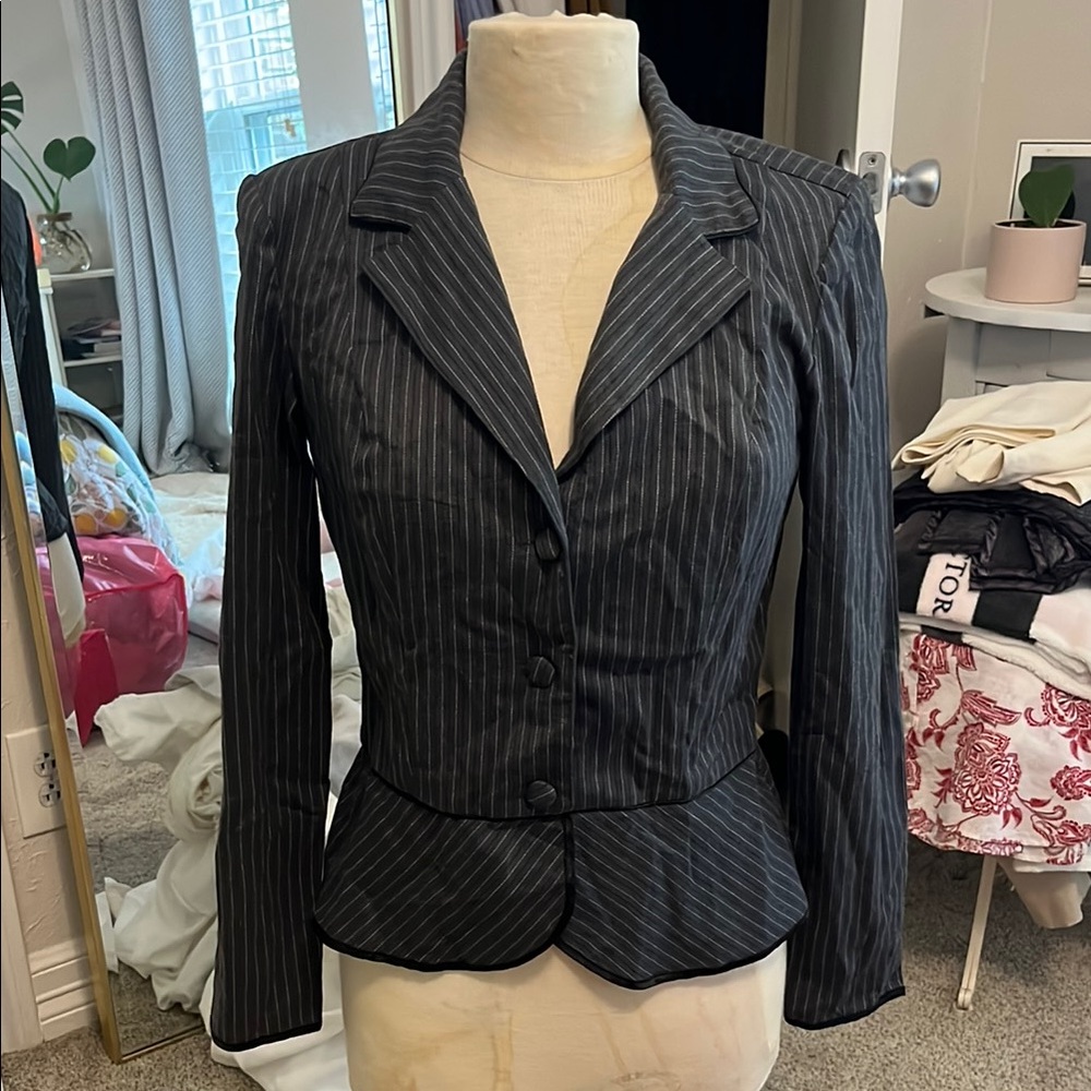 Black Pinstripe Blazer with Notched Lapel and Peplum Hem